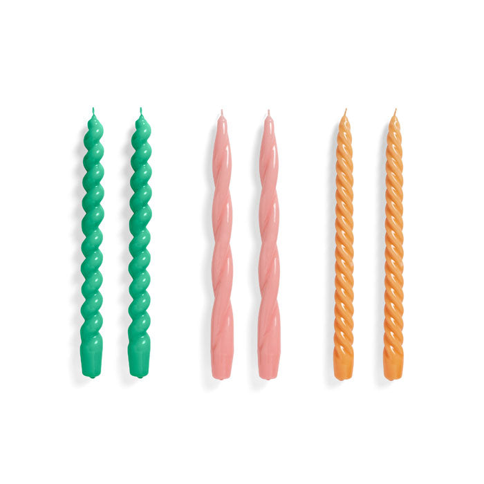 Candle Long Mix Set of 6 in green, dark rose, tangerine