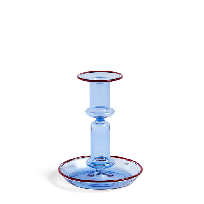 Flare Candleholder M in light blue with red rim von Hay